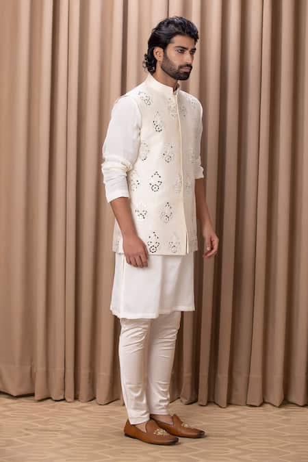 Ankit V Kapoor_Cream Silk, Twill Mirrors Hand Embroidered Nehru Jacket _Online_at_Aza_Fashions