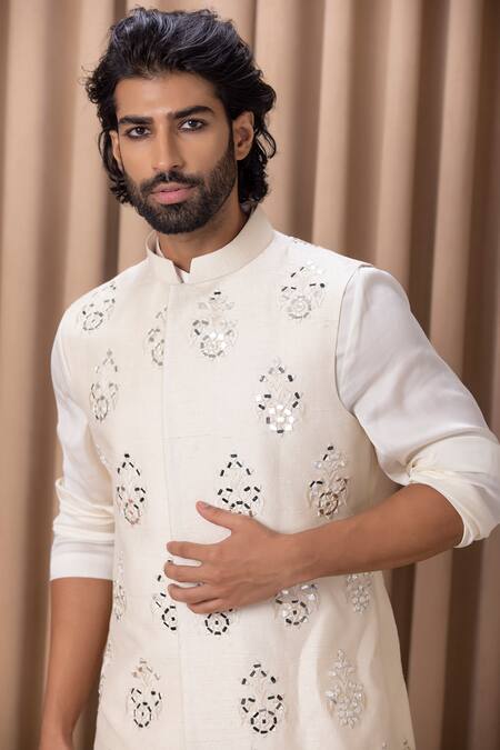 Buy_Ankit V Kapoor_Cream Silk, Twill Mirrors Geometric Embroidered Bundi Set _Online_at_Aza_Fashions