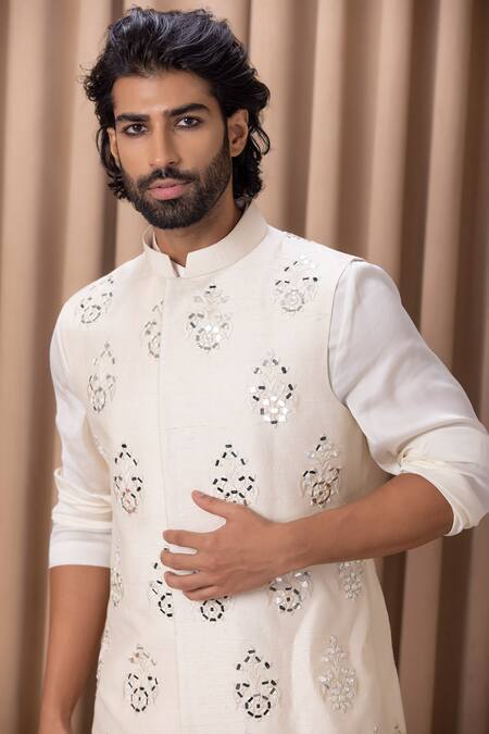 Buy_Ankit V Kapoor_Cream Silk, Twill Mirrors Hand Embroidered Nehru Jacket _Online_at_Aza_Fashions