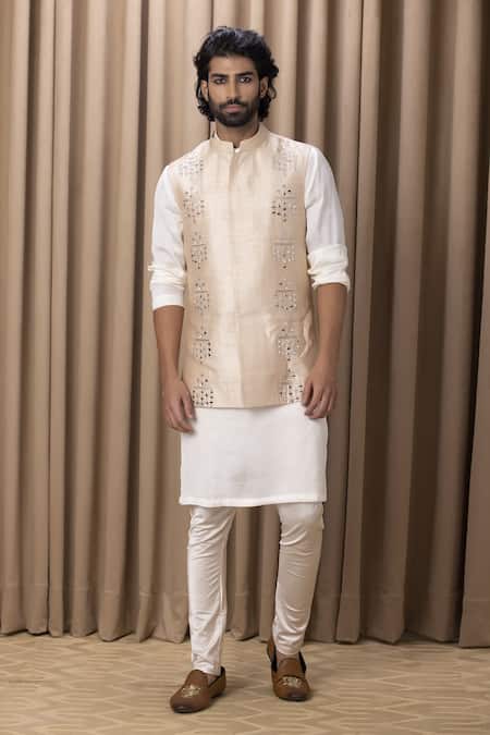 Ankit V Kapoor Beige Silk, Twill Mirrors, Embroidery Geometric Bundi Set Online at Aza Fashions Ankit V Kapoor_Beige Silk, Twill Mirrors, Embroidery Geometric Bundi Set _Online_at_Aza_Fashions