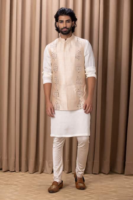 Ankit V Kapoor_Beige Silk, Twill Embroidery Hand Nehru Jacket _Online_at_Aza_Fashions