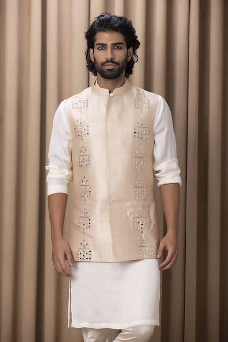 Buy Ankit V Kapoor Beige Silk, Twill Mirrors, Embroidery Geometric Bundi Set Online at Aza Fashions Buy_Ankit V Kapoor_Beige Silk, Twill Mirrors, Embroidery Geometric Bundi Set _Online_at_Aza_Fashions