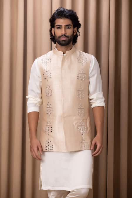 Buy_Ankit V Kapoor_Beige Silk, Twill Embroidery Hand Nehru Jacket _Online_at_Aza_Fashions