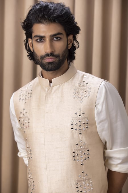 Shop Ankit V Kapoor Beige Silk, Twill Mirrors, Embroidery Geometric Bundi Set Online at Aza Fashions Shop_Ankit V Kapoor_Beige Silk, Twill Mirrors, Embroidery Geometric Bundi Set _Online_at_Aza_Fashions