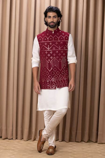 Ankit V Kapoor_Wine Georgette, Twill Sequins, Embroidery Nehru Jacket _Online_at_Aza_Fashions