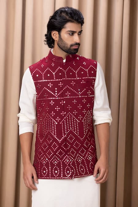Buy_Ankit V Kapoor_Wine Cotton, Silk, Georgette Mirrors, Embroidery Geometric Bundi Set _Online_at_Aza_Fashions