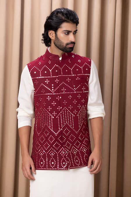 Buy_Ankit V Kapoor_Wine Georgette, Twill Sequins, Embroidery Nehru Jacket _Online_at_Aza_Fashions