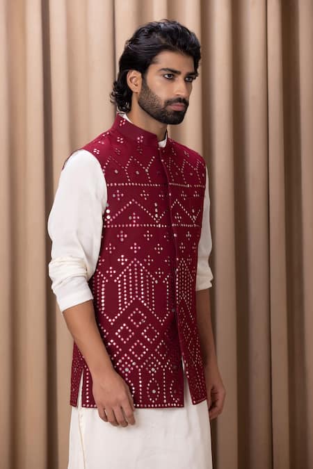Shop_Ankit V Kapoor_Wine Georgette, Twill Sequins, Embroidery Nehru Jacket _Online_at_Aza_Fashions