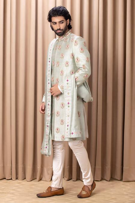 Ankit V Kapoor_Green Silk, Cotton Embroidery, Zari Lahore Sherwani Set With Stole _Online_at_Aza_Fashions
