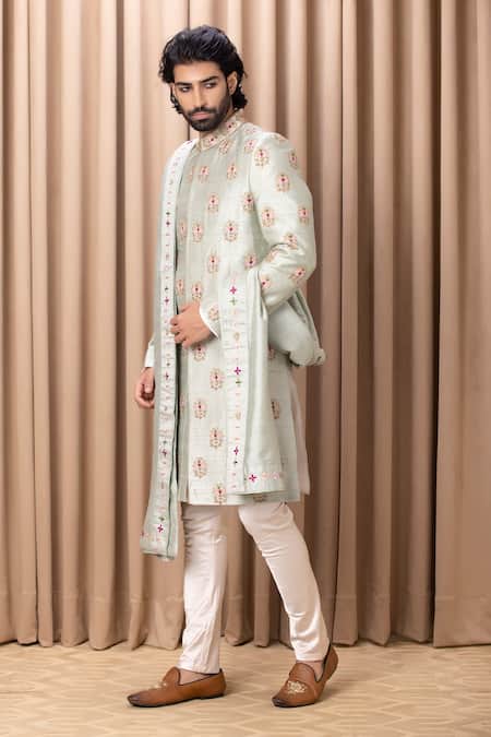 Ankit V Kapoor_Green Silk, Cotton Zari Lahore Bouquet Embroidered Sherwani Set _Online_at_Aza_Fashions