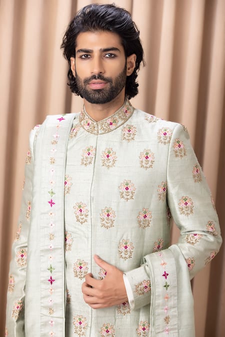 Buy_Ankit V Kapoor_Green Silk, Cotton Zari Lahore Bouquet Embroidered Sherwani Set _Online_at_Aza_Fashions