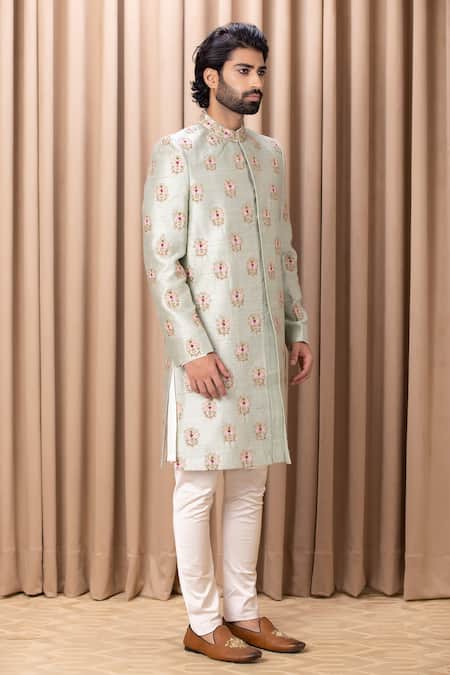 Shop_Ankit V Kapoor_Green Silk, Cotton Embroidery, Zari Lahore Sherwani Set With Stole _Online_at_Aza_Fashions