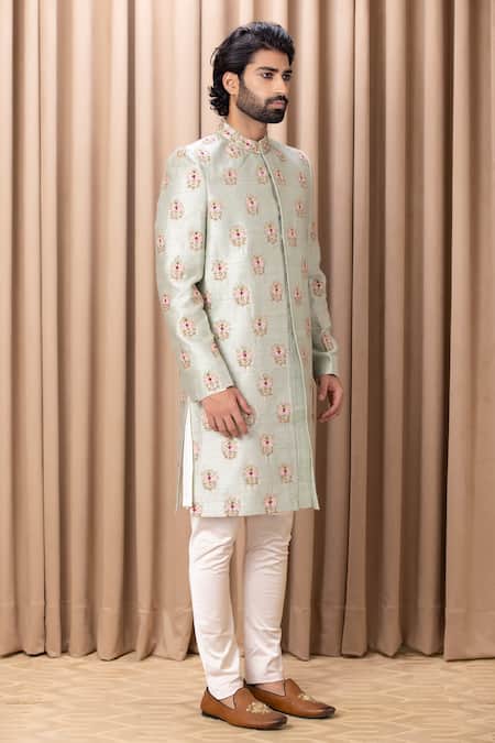 Shop_Ankit V Kapoor_Green Silk, Cotton Zari Lahore Bouquet Embroidered Sherwani Set _Online_at_Aza_Fashions