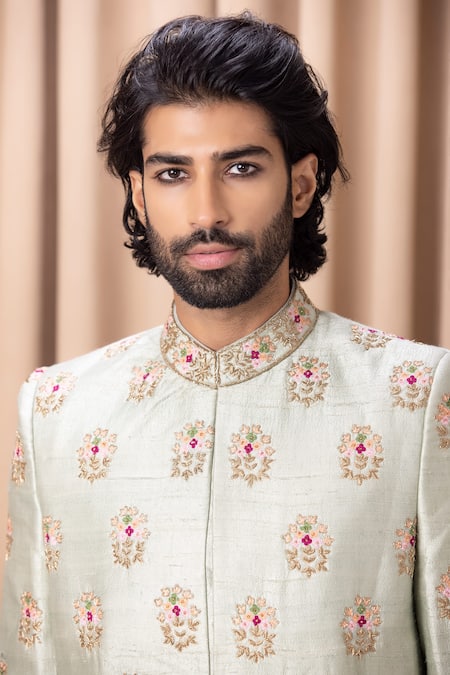 Ankit V Kapoor_Green Silk, Cotton Embroidery, Zari Lahore Sherwani Set With Stole _at_Aza_Fashions
