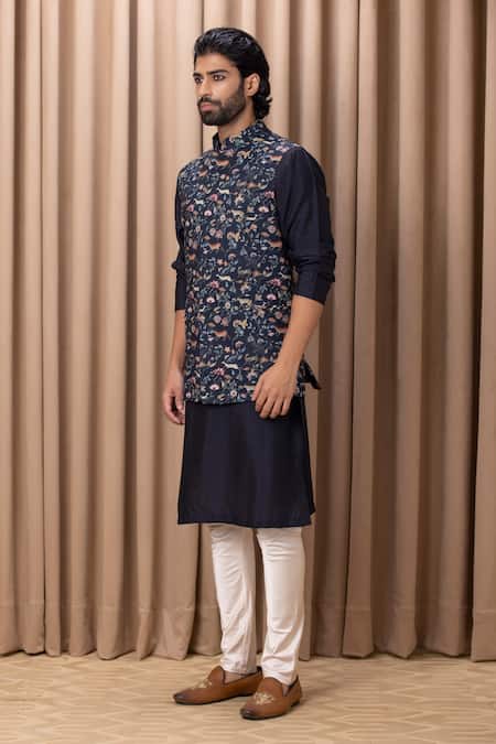 Ankit V Kapoor Blue Cotton, Silk Embroidery Navy Floral And Animal Print Nehru Jacket Online at Aza Fashions Ankit V Kapoor_Blue Cotton, Silk Embroidery Navy Floral And Animal Print Nehru Jacket _Online_at_Aza_Fashions