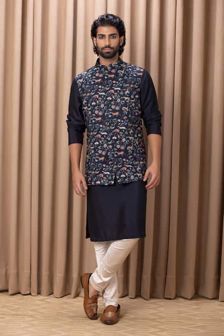 Buy Ankit V Kapoor Blue Cotton, Silk Embroidery Navy Floral And Animal Print Nehru Jacket Online at Aza Fashions Buy_Ankit V Kapoor_Blue Cotton, Silk Embroidery Navy Floral And Animal Print Nehru Jacket _Online_at_Aza_Fashions