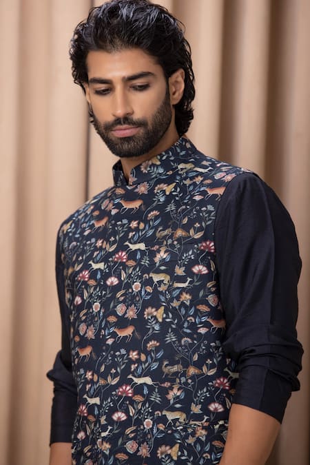 Shop Ankit V Kapoor Blue Cotton, Silk Embroidery Navy Floral And Animal Print Nehru Jacket Online at Aza Fashions Shop_Ankit V Kapoor_Blue Cotton, Silk Embroidery Navy Floral And Animal Print Nehru Jacket _Online_at_Aza_Fashions