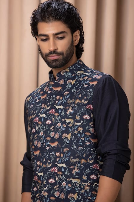 Shop_Ankit V Kapoor_Blue Cotton, Silk Embroidery Floral Digital Print Bundi And Kurta Set _Online_at_Aza_Fashions