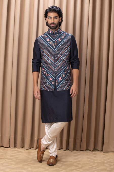 Ankit V Kapoor_Blue Cotton, Silk, Twill Flower Print Nehru Jacket _Online_at_Aza_Fashions