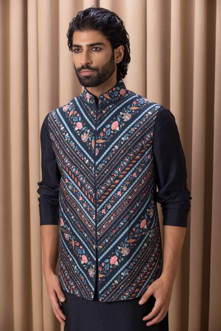Buy_Ankit V Kapoor_Blue Cotton, Silk, Twill Flower Print Nehru Jacket _Online_at_Aza_Fashions