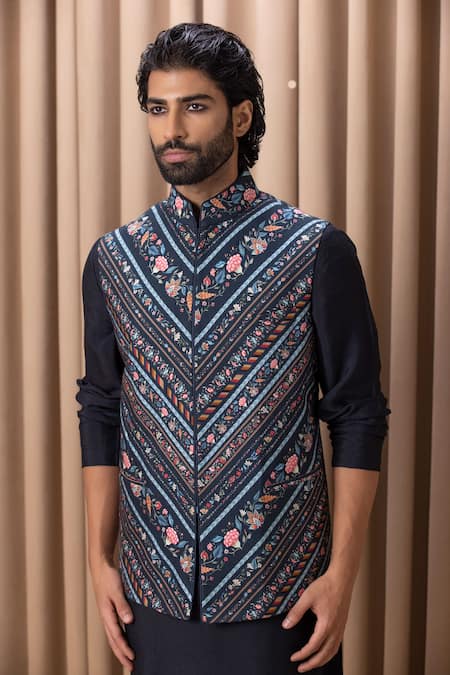 Buy Ankit V Kapoor Blue Cotton, Silk Embroidery Navy Floral Digital Print Bundi Set Online at Aza Fashions Buy_Ankit V Kapoor_Blue Cotton, Silk Embroidery Navy Floral Digital Print Bundi Set _Online_at_Aza_Fashions