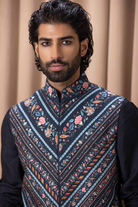 Shop_Ankit V Kapoor_Blue Cotton, Silk, Twill Flower Print Nehru Jacket _Online_at_Aza_Fashions