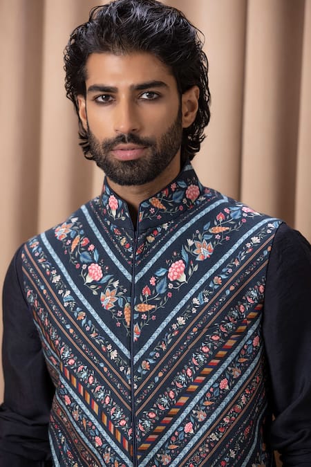 Shop Ankit V Kapoor Blue Cotton, Silk Embroidery Navy Floral Digital Print Bundi Set Online at Aza Fashions Shop_Ankit V Kapoor_Blue Cotton, Silk Embroidery Navy Floral Digital Print Bundi Set _Online_at_Aza_Fashions