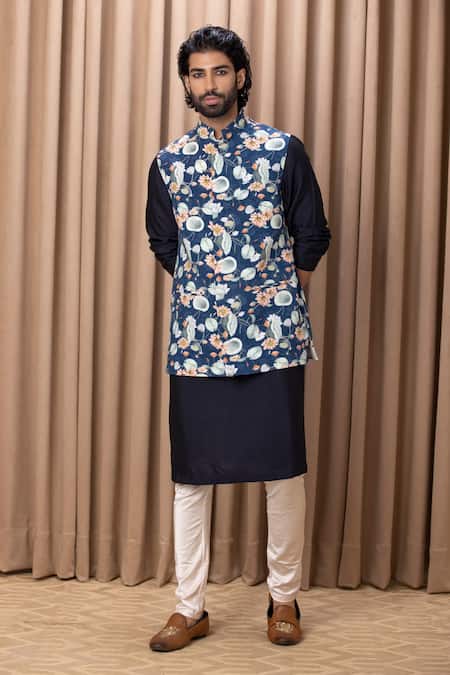 Ankit V Kapoor_Blue Cotton, Silk, Twill Embroidery Lotus Print Nehru Jacket _Online_at_Aza_Fashions