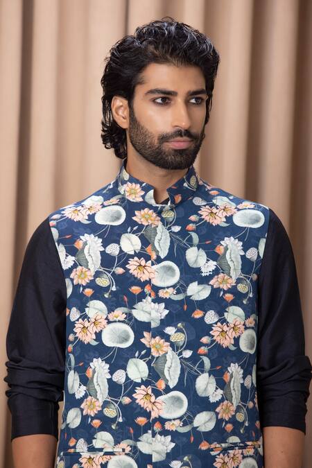 Buy_Ankit V Kapoor_Blue Cotton, Silk, Twill Embroidery Lotus Print Nehru Jacket _Online_at_Aza_Fashions