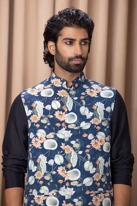 Buy_Ankit V Kapoor_Blue Cotton, Silk Lotus Digital Print Bundi And Kurta Set _Online_at_Aza_Fashions