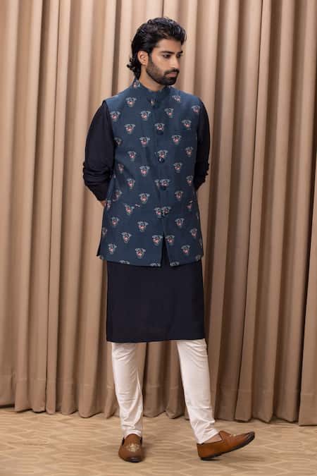 Ankit V Kapoor_Blue Cotton, Silk Floral Print Nehru Jacket _Online_at_Aza_Fashions