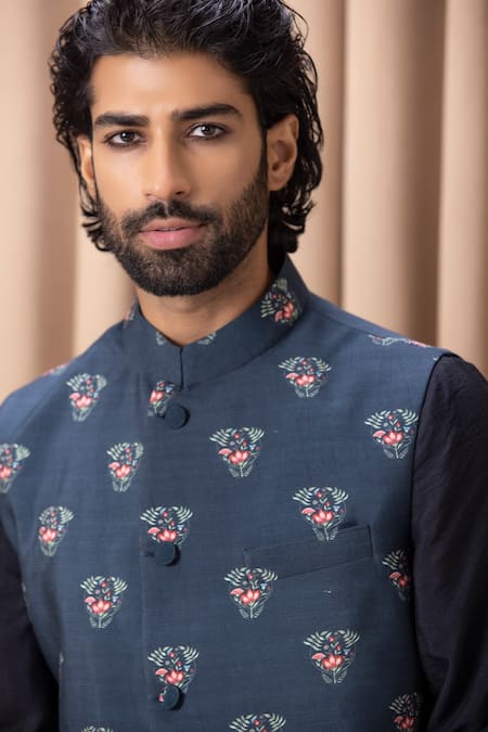 Shop_Ankit V Kapoor_Blue Cotton, Silk Floral Print Nehru Jacket _Online_at_Aza_Fashions