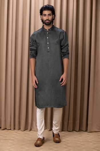 Ankit V Kapoor_Green Cotton, Silk Straight Kurta Set _Online_at_Aza_Fashions
