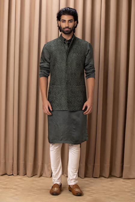Ankit V Kapoor_Green Georgette, Twill Embroidery Olive Thread Work Nehru Jacket _Online_at_Aza_Fashions