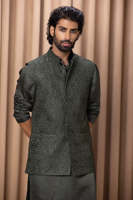 Buy_Ankit V Kapoor_Green Georgette, Twill Embroidery Olive Thread Work Nehru Jacket _Online_at_Aza_Fashions