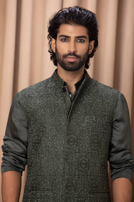 Shop_Ankit V Kapoor_Green Georgette, Twill Embroidery Olive Thread Work Nehru Jacket _Online_at_Aza_Fashions