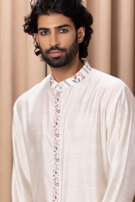 Buy_Ankit V Kapoor_Ivory Cotton, Silk Embroidery Lakeer Floral Print Short Kurta Set _Online_at_Aza_Fashions