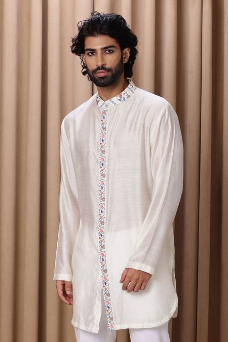 Shop_Ankit V Kapoor_Ivory Cotton, Silk Embroidery Lakeer Floral Print Short Kurta Set _Online_at_Aza_Fashions
