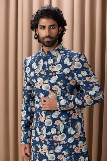 Shop Ankit V Kapoor Blue Cotton, Silk Kamal Printed Jacket Kurta With Trouser Set Online at Aza Fashions Shop_Ankit V Kapoor_Blue Cotton, Silk Kamal Printed Jacket Kurta With Trouser Set _Online_at_Aza_Fashions