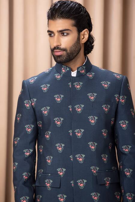Shop_Ankit V Kapoor_Blue Cotton, Silk Embroidery Noor Floral Print Jacket Kurta With Trouser Set _Online_at_Aza_Fashions