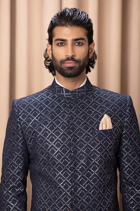 Shop Ankit V Kapoor Blue Cotton, Georgette Embroidery Ranjha Jacket Kurta With Trouser Set Online at Aza Fashions Shop_Ankit V Kapoor_Blue Cotton, Georgette Embroidery Ranjha Jacket Kurta With Trouser Set _Online_at_Aza_Fashions