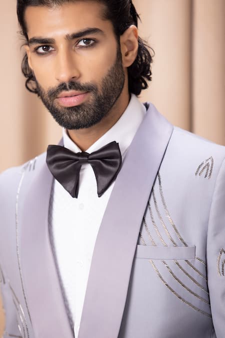 Ankit V Kapoor_Grey Cotton, Suede Embroidery Hand Tuxedo And Pant Set _Online_at_Aza_Fashions