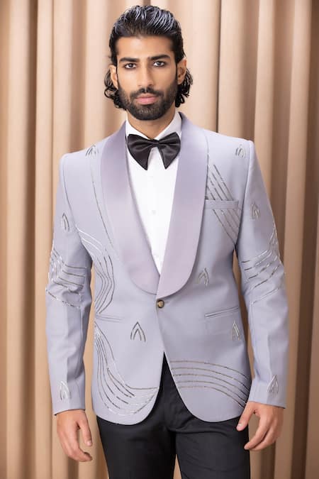 Buy_Ankit V Kapoor_Grey Cotton, Suede Embroidery Hand Tuxedo And Pant Set _Online_at_Aza_Fashions