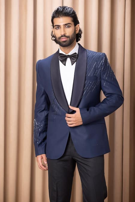 Ankit V Kapoor_Blue Cotton, Wool Embroidery Tuxedo And Pant Set _Online_at_Aza_Fashions