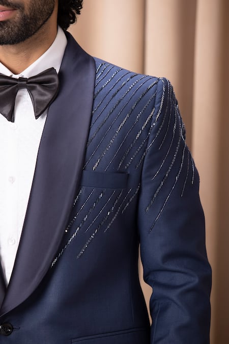 Buy_Ankit V Kapoor_Blue Cotton, Wool Embroidery Tuxedo And Pant Set _Online_at_Aza_Fashions