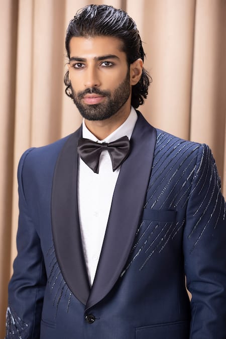 Shop_Ankit V Kapoor_Blue Cotton, Wool Embroidery Tuxedo And Pant Set _Online_at_Aza_Fashions
