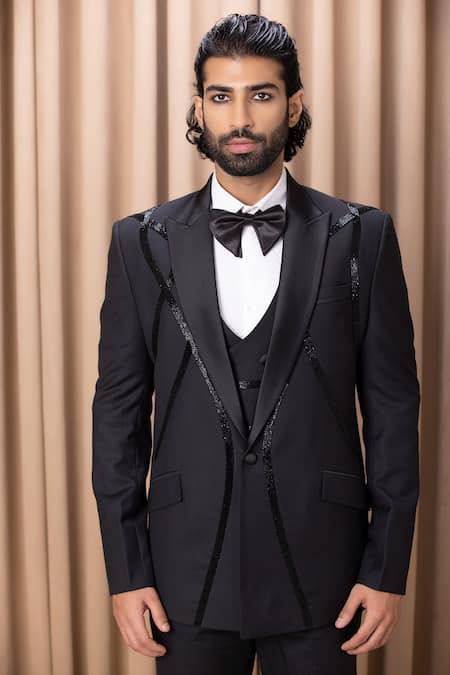 Shop_Ankit V Kapoor_Black Cotton Embroidery Hand Tuxedo Pant Set _Online_at_Aza_Fashions