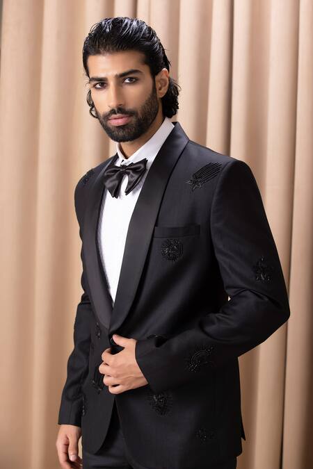 Buy_Ankit V Kapoor_Black Suede, Cotton Embroidery Shawl Collar Tuxedo And Pant Set _Online_at_Aza_Fashions