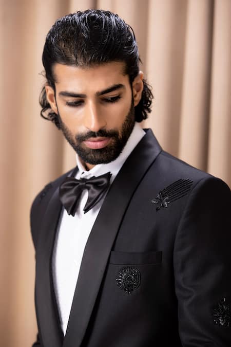 Shop_Ankit V Kapoor_Black Suede, Cotton Embroidery Shawl Collar Tuxedo And Pant Set _Online_at_Aza_Fashions