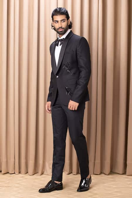 Ankit V Kapoor_Black Satin, Wool Embroidery Suiting Tuxedo And Pant Set _Online_at_Aza_Fashions